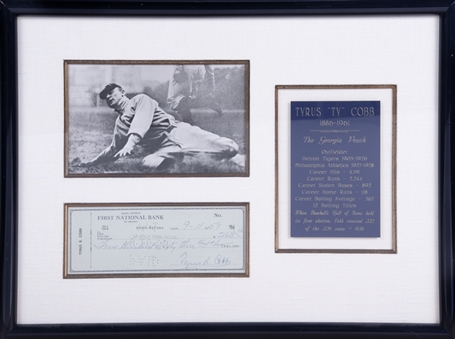 Ty Cobb Full Name "Tyrus R Cobb" Signed Personal Check In A 21 x 16 Framed Collage (JSA)